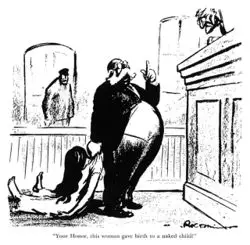 Anti-Comstock Political Cartoon, reads: "Your Honor, this woman gave birth to a naked child."